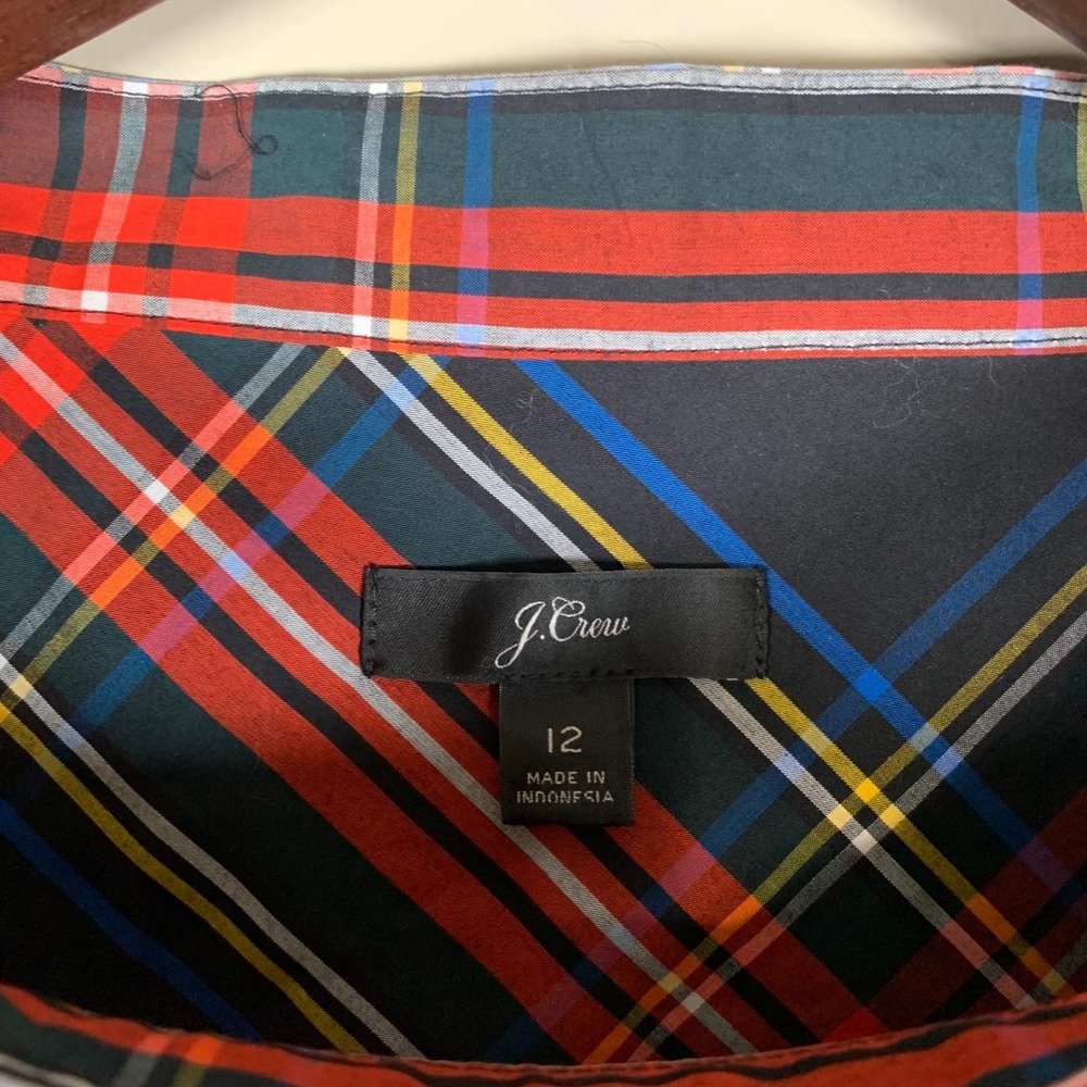 J.Crew Funnel Neck Stewart Tartan Plaid Jeweled Shoulder Blouse Size 12 - Picture 6 of 9